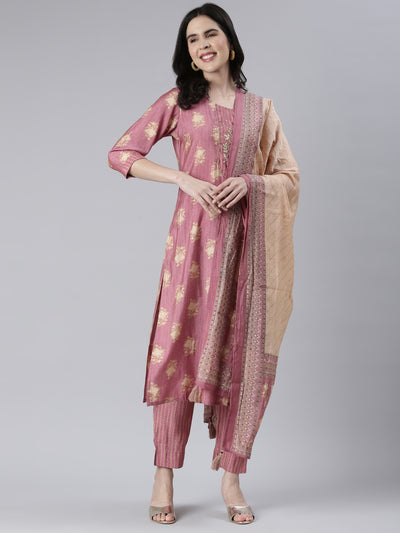 Neeru's Women Onion Solid Calf Length Kurta And Trousers With Dupatta