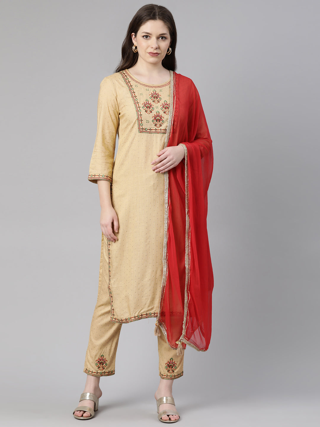 Neeru's Beige Regular Knee Length Printed Readymade Suits