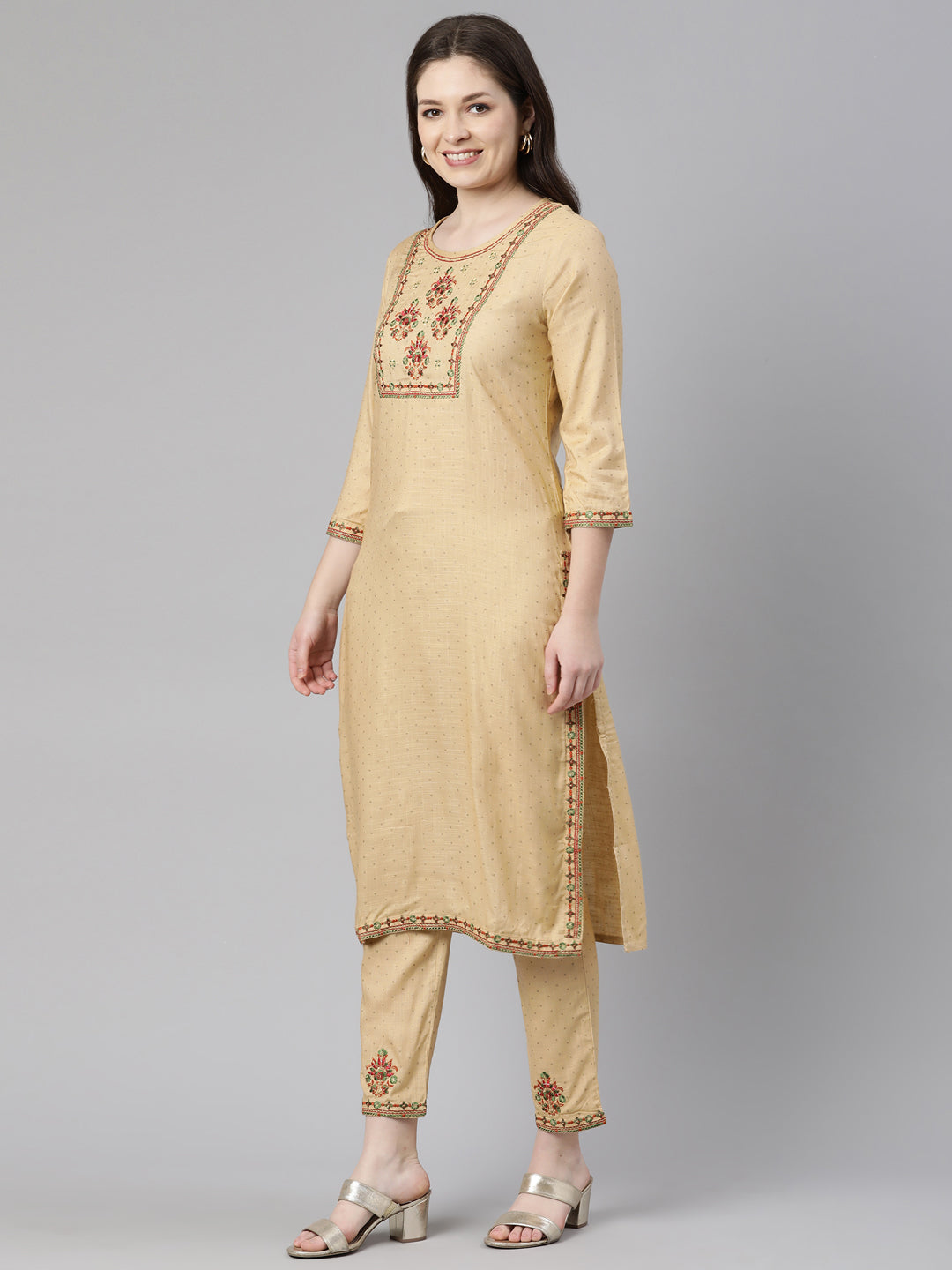 Neeru's Beige Regular Knee Length Printed Readymade Suits