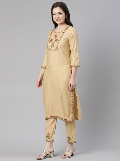 Neeru's Beige Regular Knee Length Printed Readymade Suits