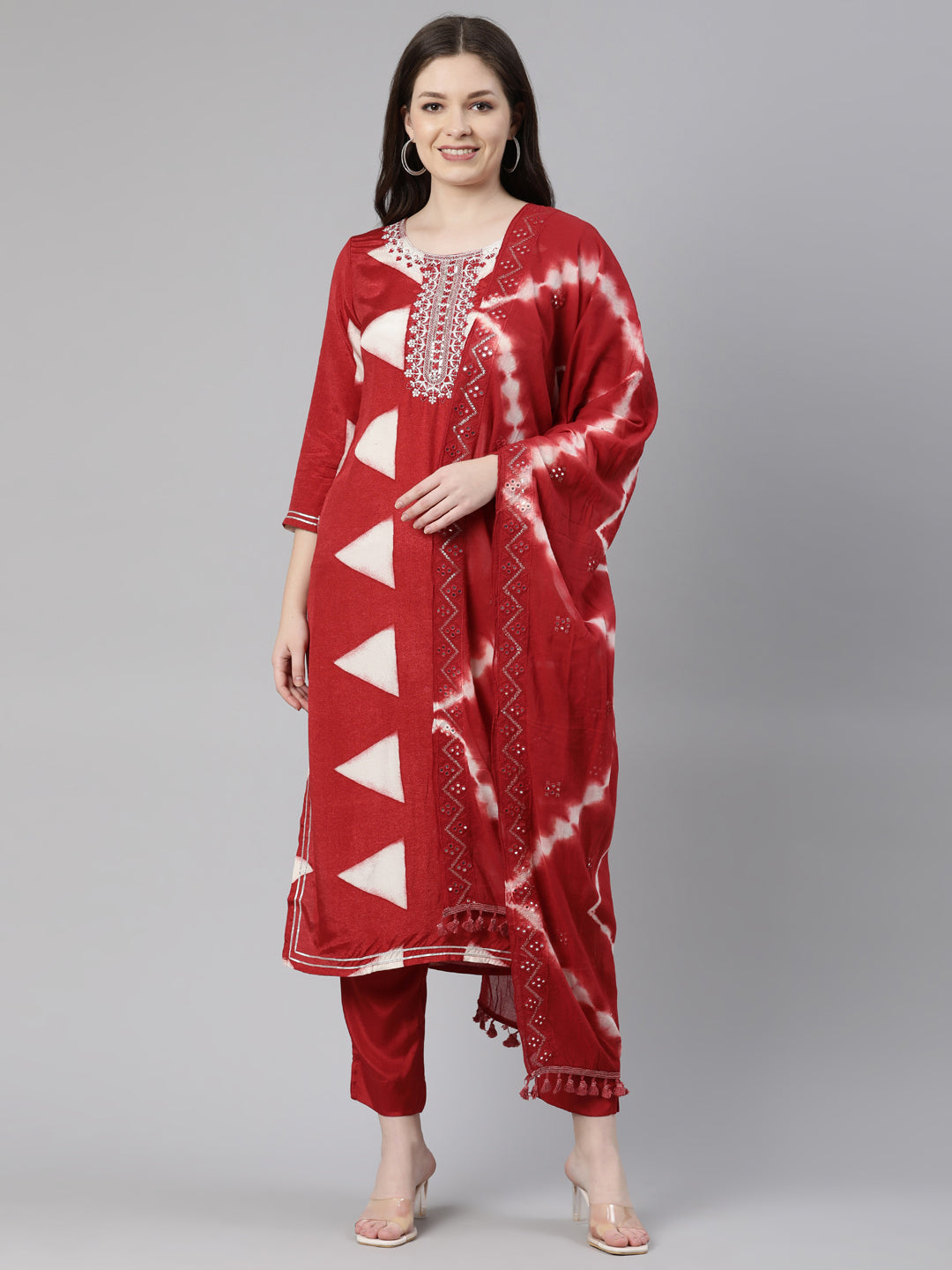 Neeru's Red Regular Knee Length Solid Kurta Solid Trousers With Dupatta