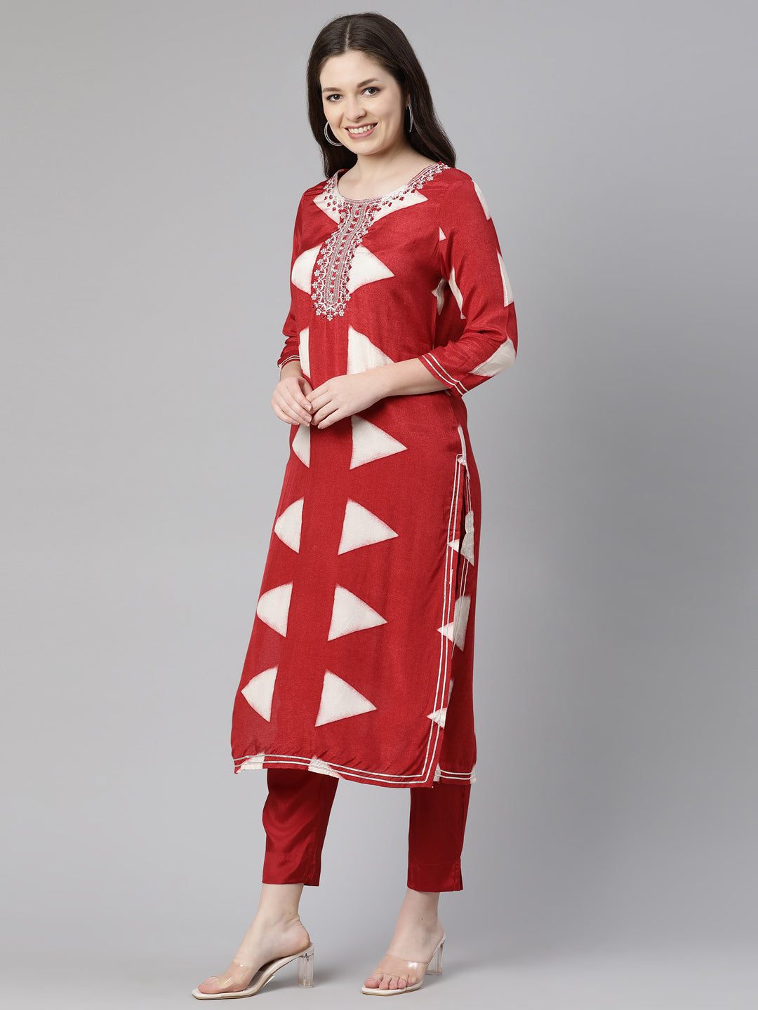 Neeru's Red Regular Knee Length Solid Kurta Solid Trousers With Dupatta