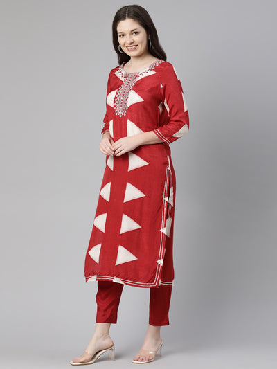 Neeru's Red Regular Knee Length Solid Kurta Solid Trousers With Dupatta