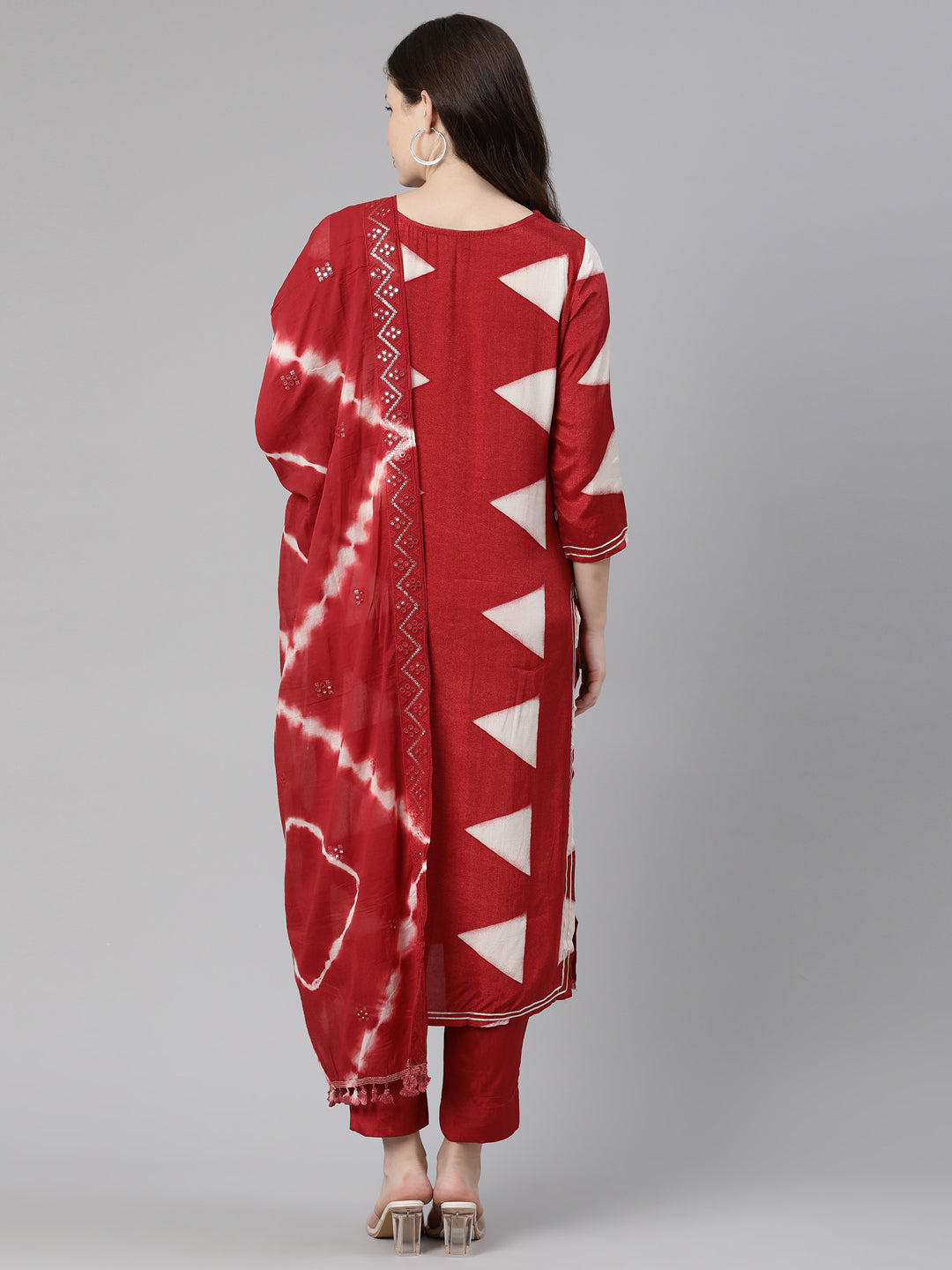 Neeru's Red Regular Knee Length Solid Kurta Solid Trousers With Dupatta