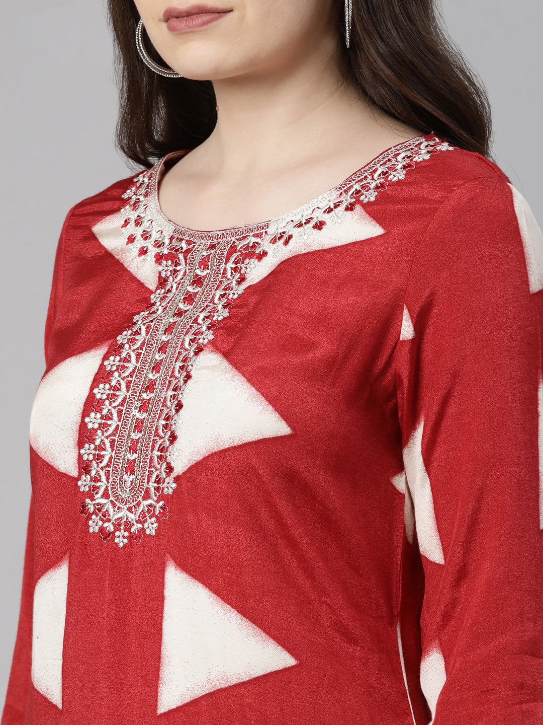 Neeru's Red Regular Knee Length Solid Kurta Solid Trousers With Dupatta