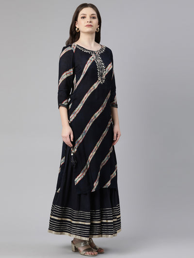 Neeru's Navy Blue Regular Calf Length Solid Kurta Solid Sharara With Dupatta