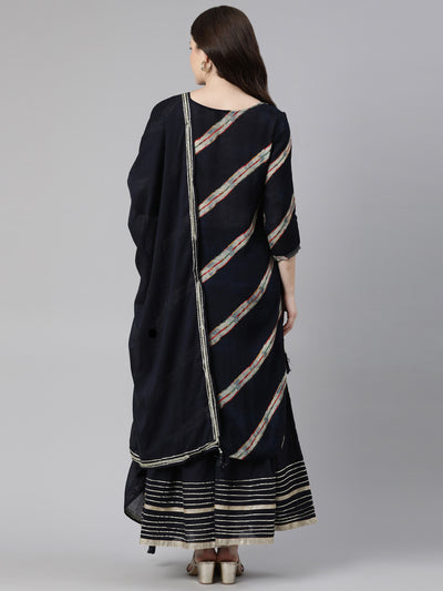 Neeru's Navy Blue Regular Calf Length Solid Kurta Solid Sharara With Dupatta