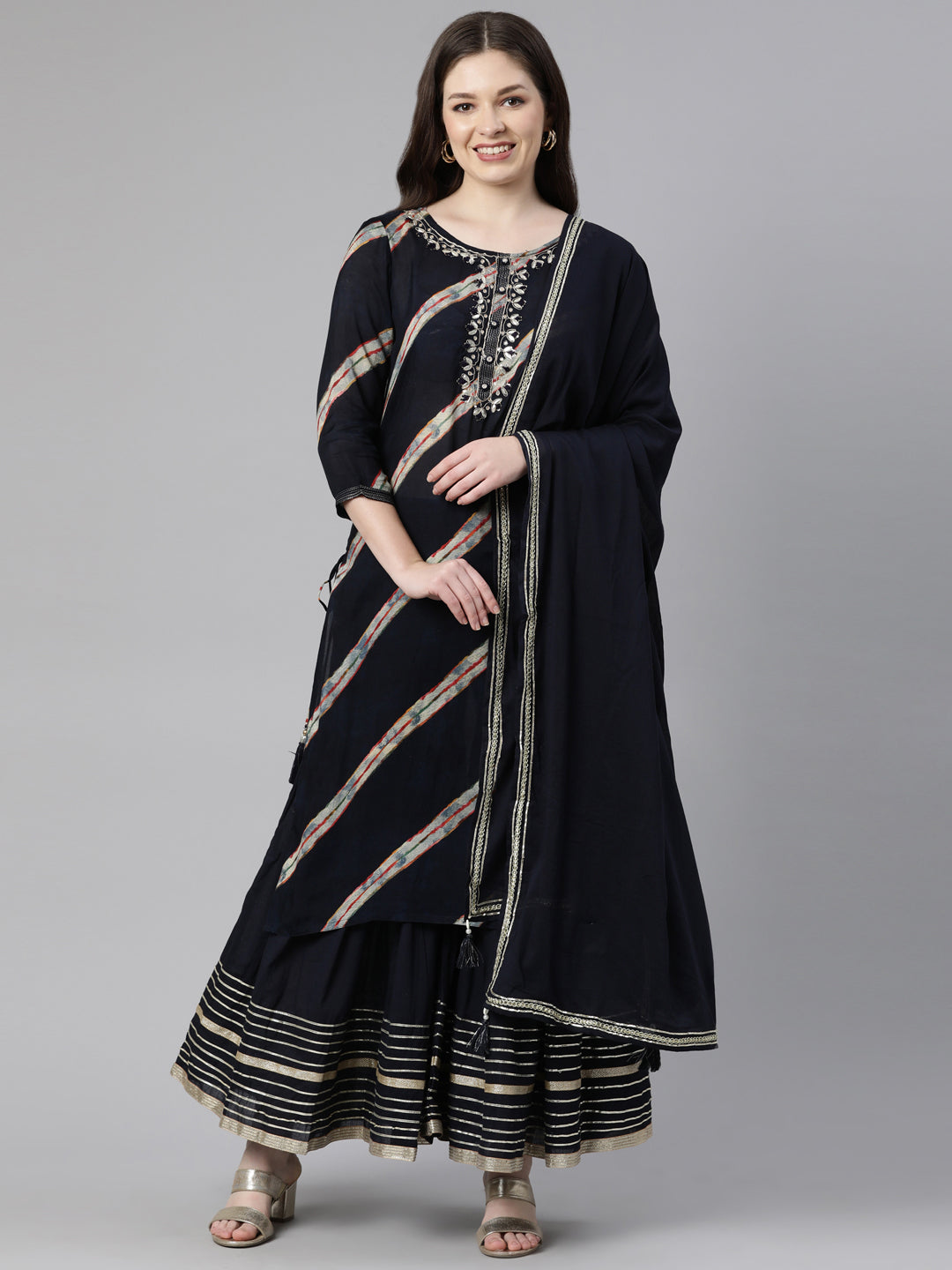 Neeru's Navy Blue Regular Calf Length Solid Kurta Solid Sharara With Dupatta