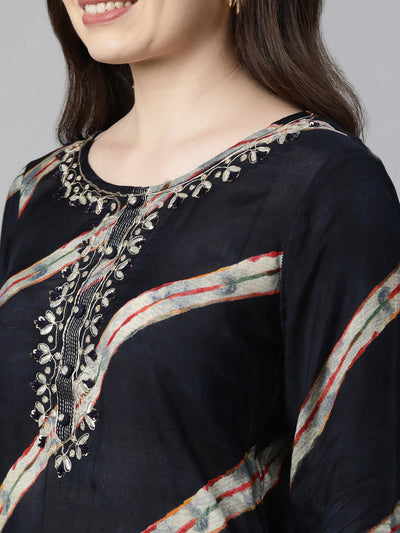 Neeru's Navy Blue Regular Calf Length Solid Kurta Solid Sharara With Dupatta