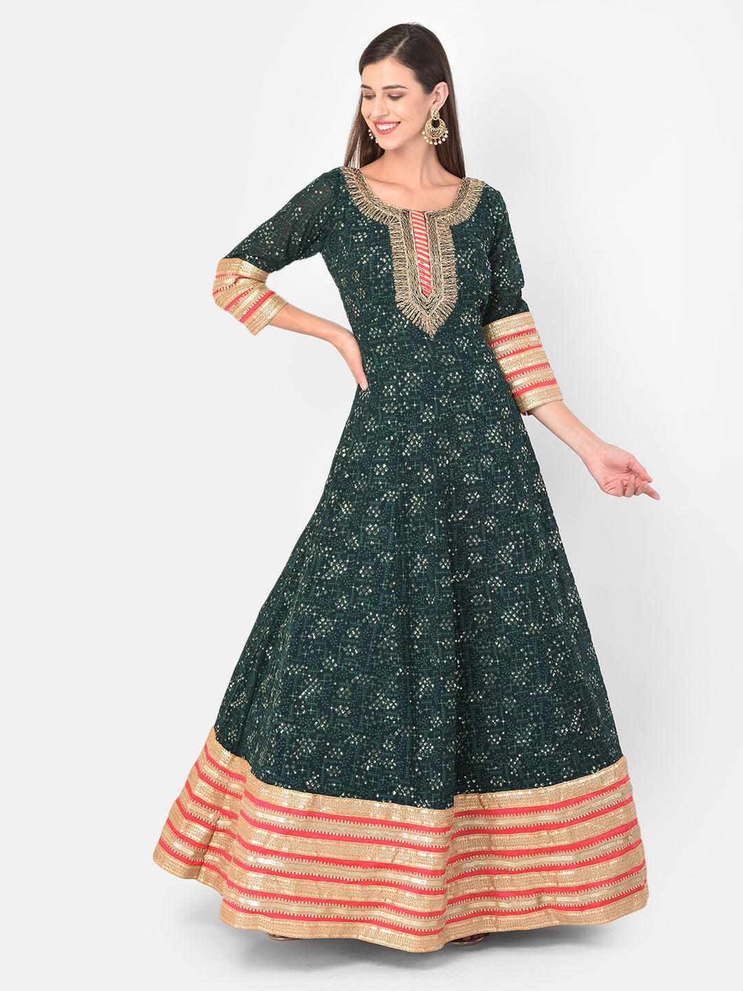 Neeru's Bottle Green Color Georgette Fabric Gown