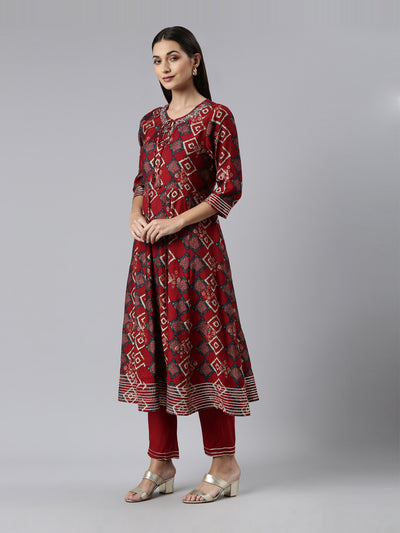 Neeru's Maroon Regular Calf Length Printed Kurta Solid Trousers With Dupatta