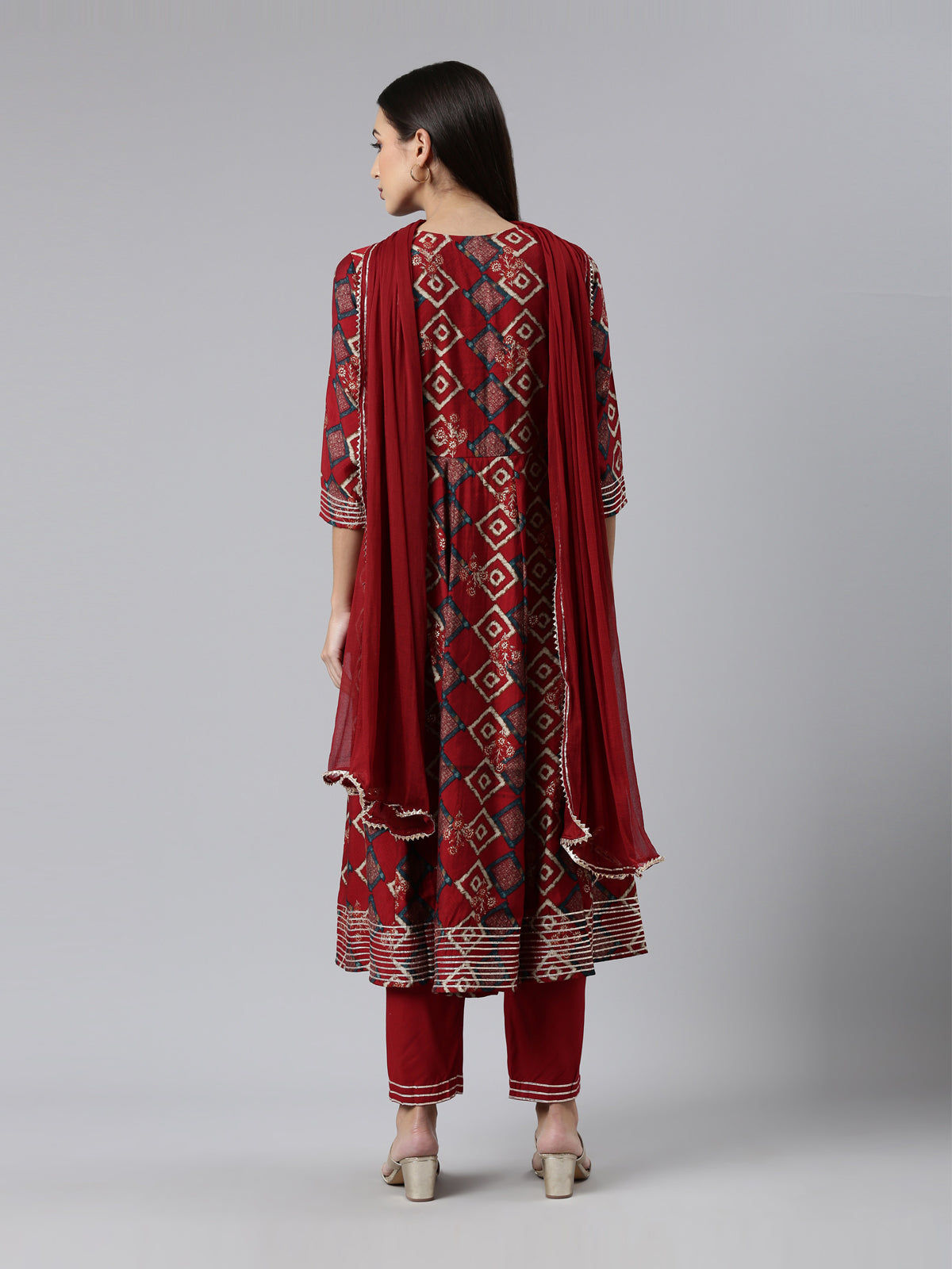 Neeru's Maroon Regular Calf Length Printed Kurta Solid Trousers With Dupatta