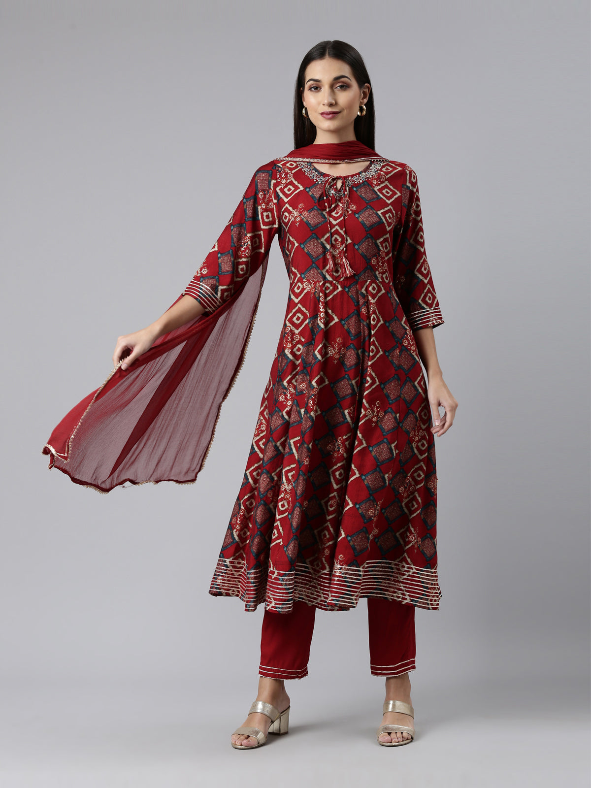 Neeru's Maroon Regular Calf Length Printed Kurta Solid Trousers With Dupatta