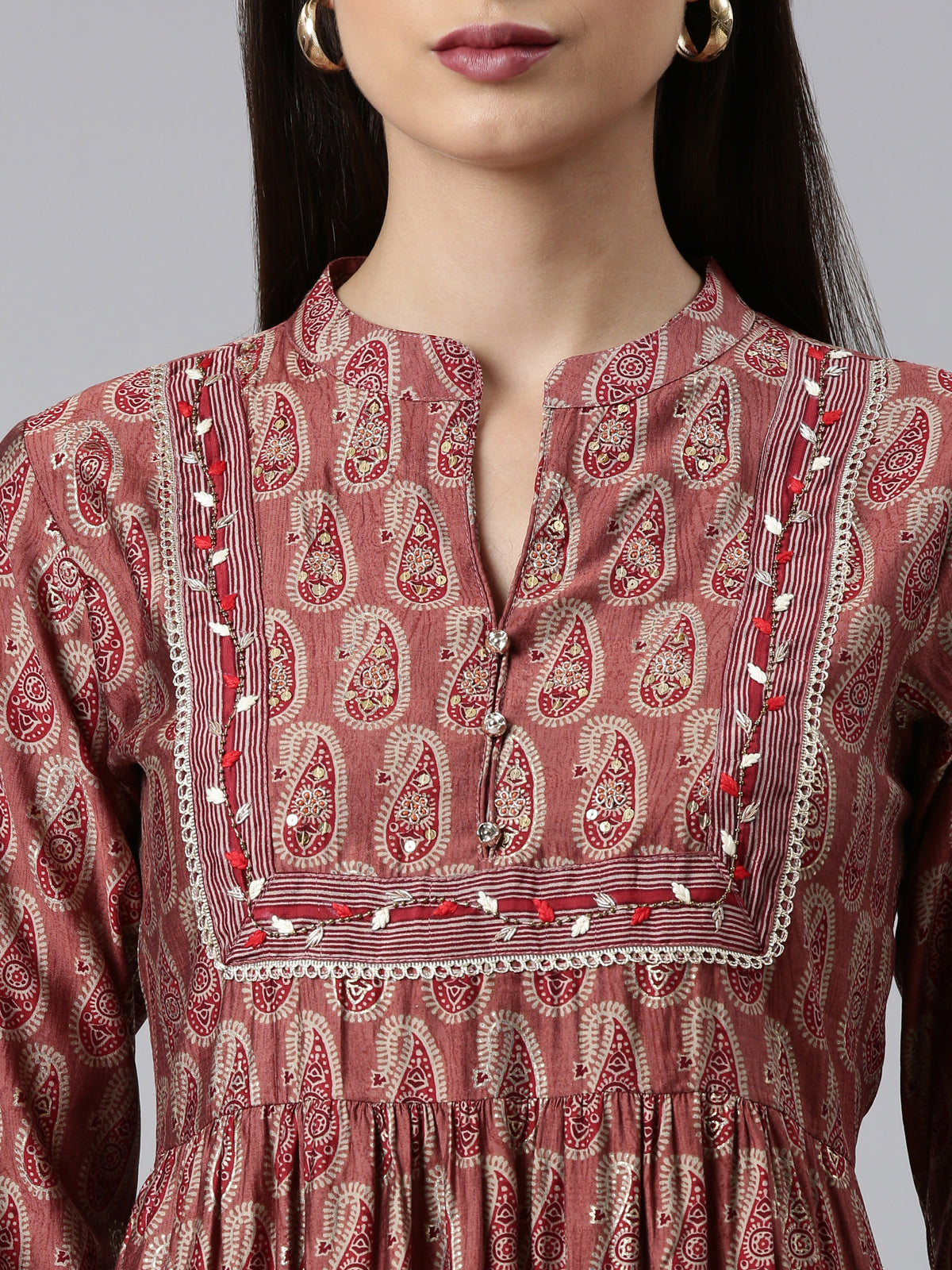 Neeru's Maroon Regular Calf Length Printed Kurta Printed Trousers With Dupatta