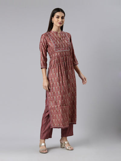 Neeru's Maroon Regular Calf Length Printed Kurta Printed Trousers With Dupatta