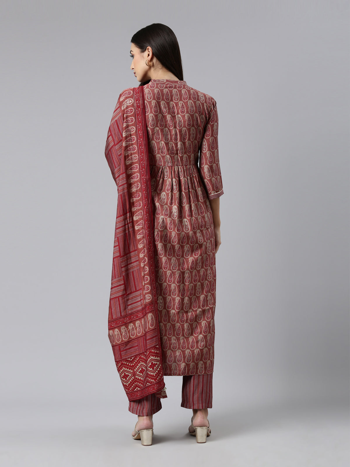 Neeru's Maroon Regular Calf Length Printed Kurta Printed Trousers With Dupatta