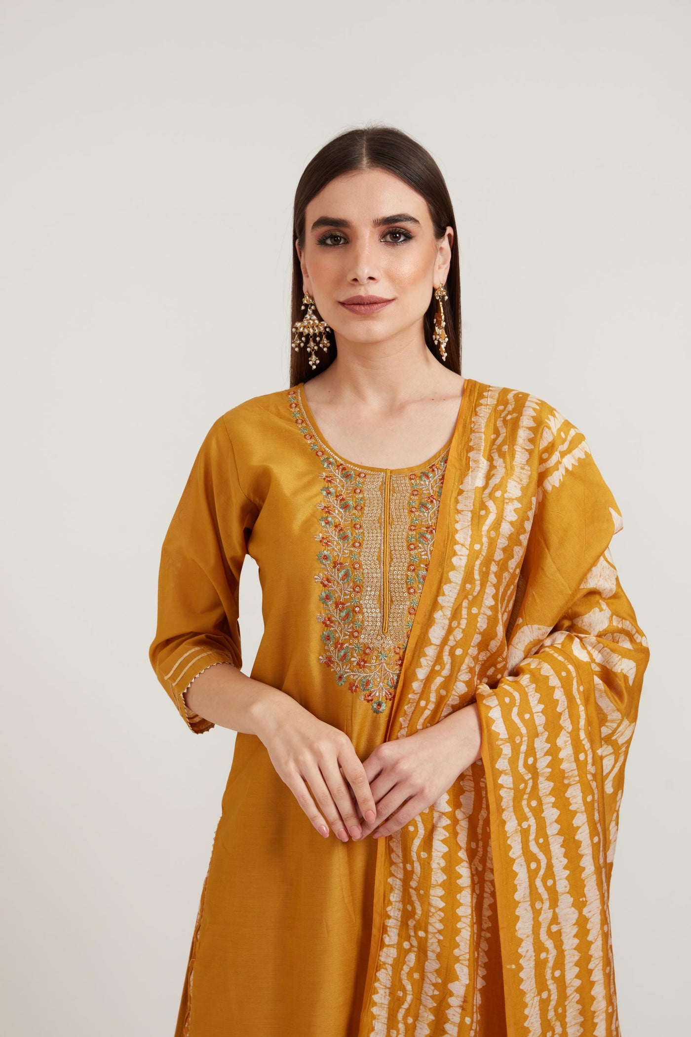 Neeru's Mustard Color Chanderi Fabric Suit Set