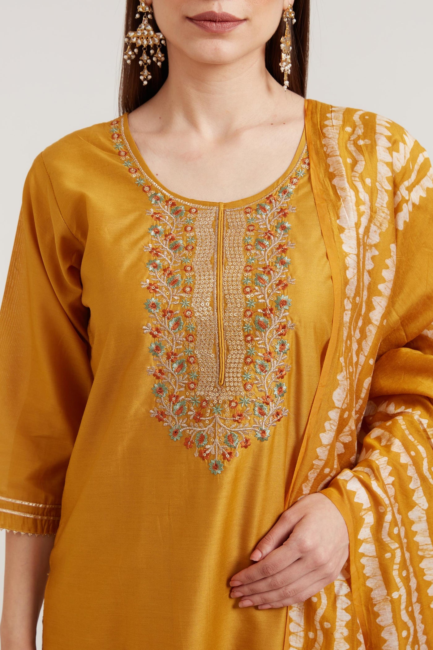 Neeru's Mustard Color Chanderi Fabric Suit Set