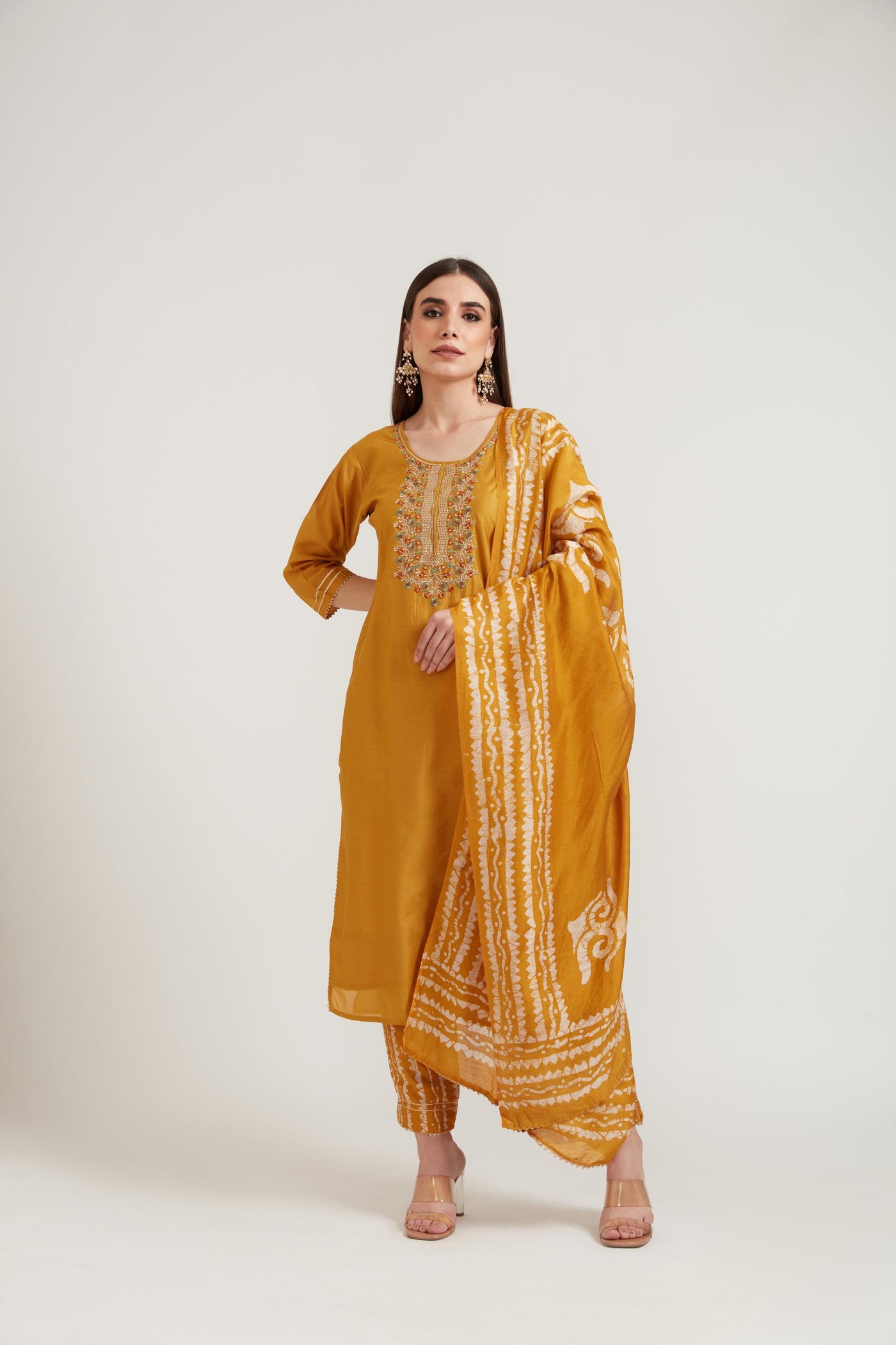 Neeru's Mustard Color Chanderi Fabric Suit Set