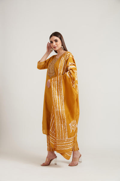 Neeru's Mustard Color Chanderi Fabric Suit Set