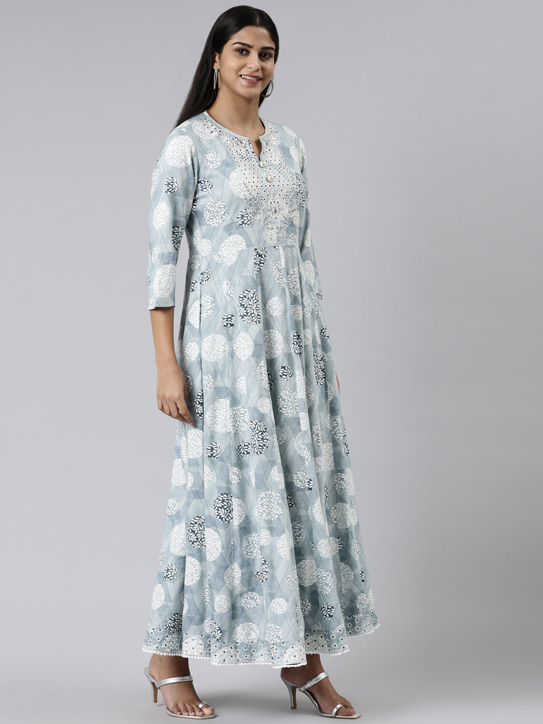 Neeru's Grey Straight Printed Viscose Rayon Kurtas