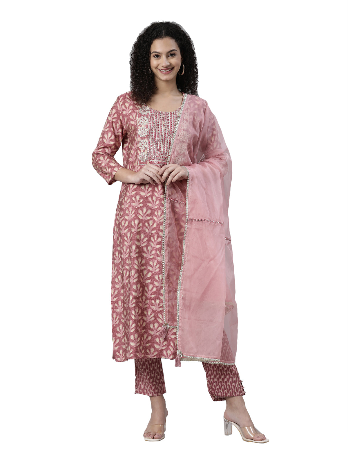 Neeru's Pink Regular Knee Length Printed Kurta Printed Trousers With Dupatta