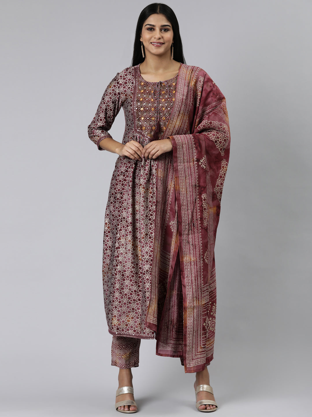 Neeru's Pink Regular Calf Length Printed Kurta Printed Trousers With Dupatta