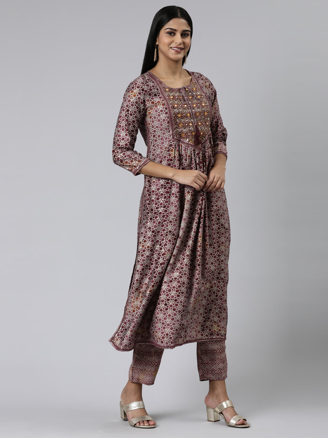 Neeru's Pink Regular Calf Length Printed Kurta Printed Trousers With Dupatta