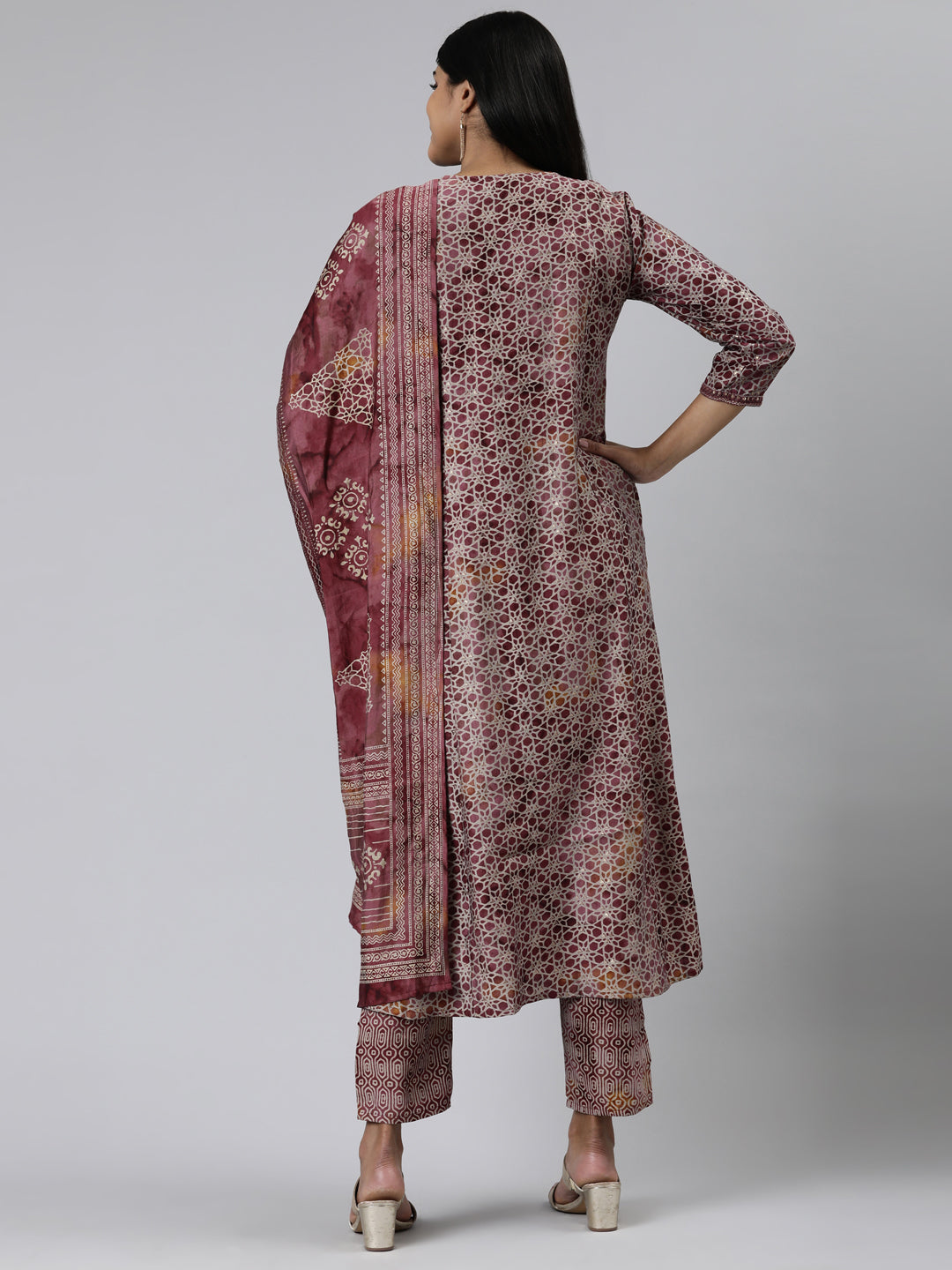 Neeru's Pink Regular Calf Length Printed Kurta Printed Trousers With Dupatta