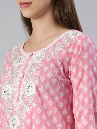 Neeru's Women Pink Embroidered Calf Length Kurta And Trousers With Dupatta