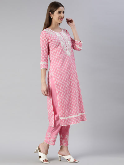 Neeru's Women Pink Embroidered Calf Length Kurta And Trousers With Dupatta