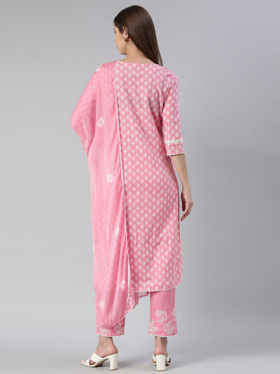 Neeru's Women Pink Embroidered Calf Length Kurta And Trousers With Dupatta