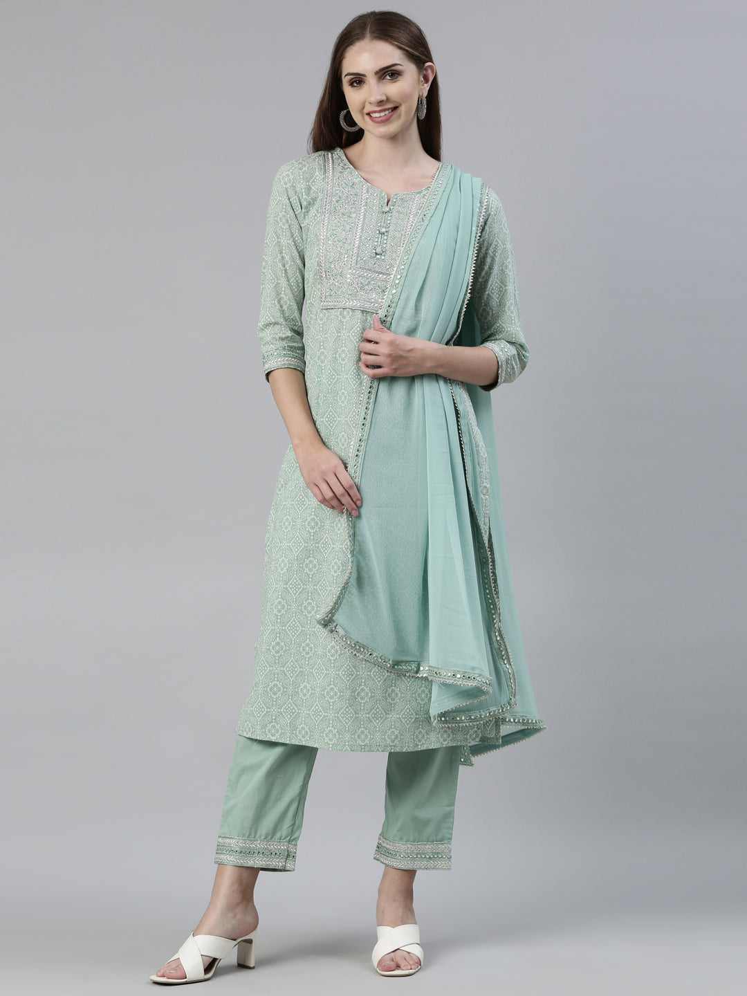 Neeru's Green Regular Knee Length Printed Kurta Solid Trousers With Dupatta