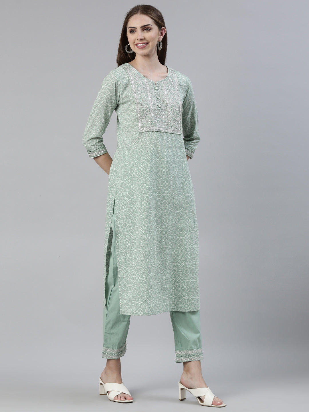 Neeru's Green Regular Knee Length Printed Kurta Solid Trousers With Dupatta