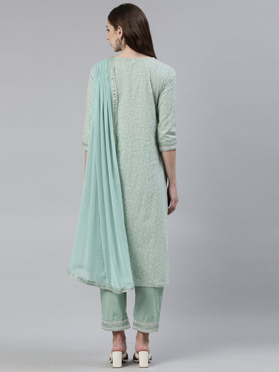 Neeru's Green Regular Knee Length Printed Kurta Solid Trousers With Dupatta