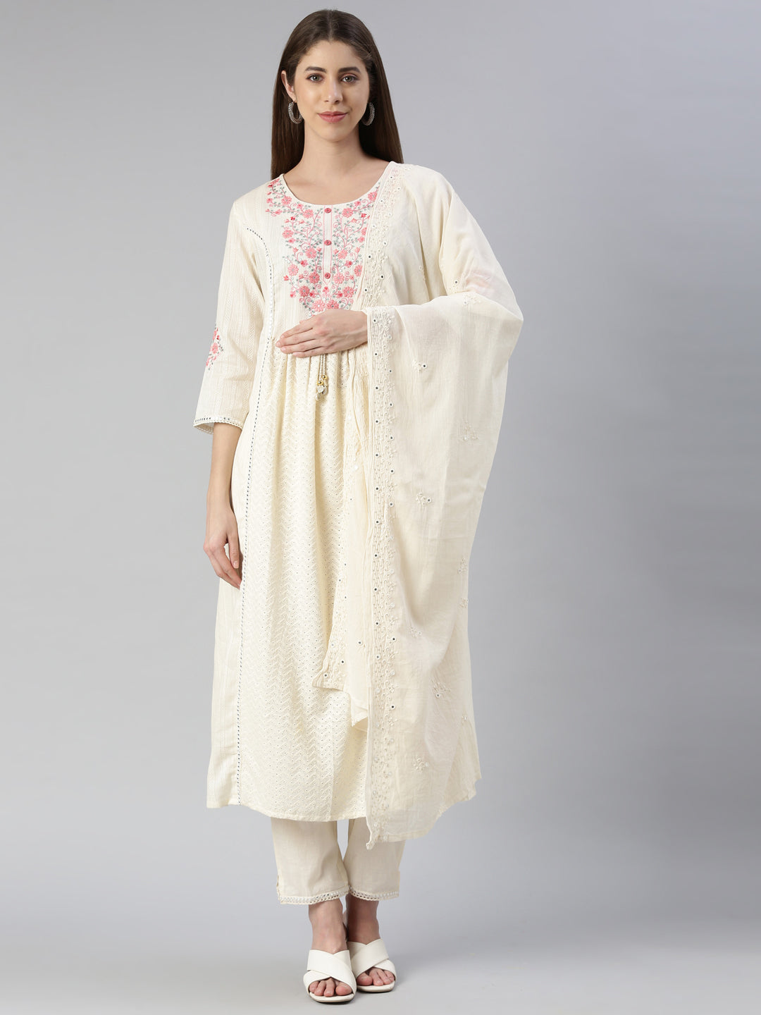 Neeru's Women Cream Yoke Design Calf Length Kurta And Trousers With Dupatta