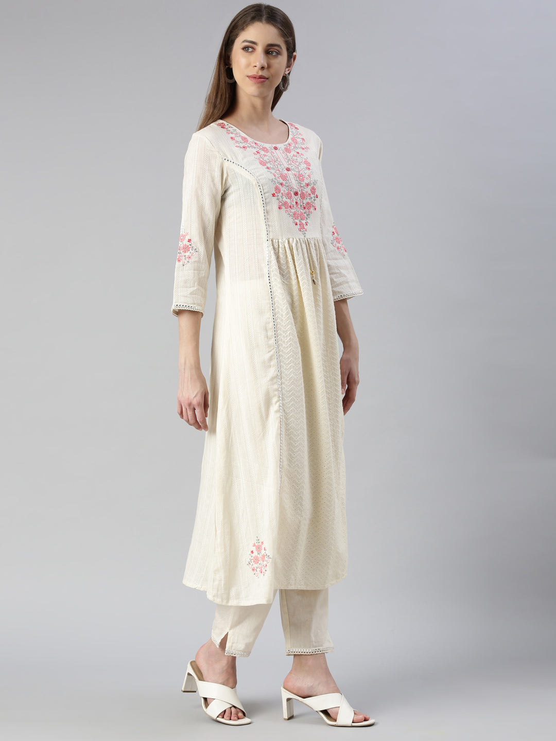 Neeru's Women Cream Yoke Design Calf Length Kurta And Trousers With Dupatta