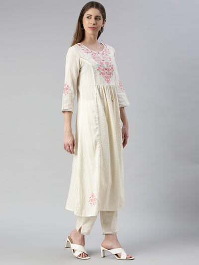 Neeru's Women Cream Yoke Design Calf Length Kurta And Trousers With Dupatta