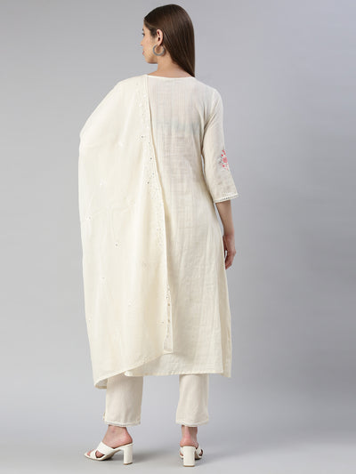 Neeru's Women Cream Yoke Design Calf Length Kurta And Trousers With Dupatta