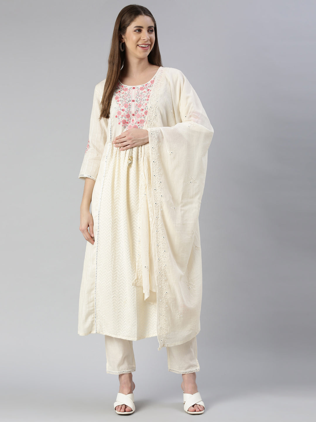 Neeru's Women Cream Yoke Design Calf Length Kurta And Trousers With Dupatta