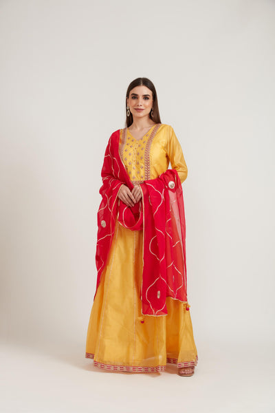 Neeru's Yellow Color Chanderi Fabric Anarkali Suit