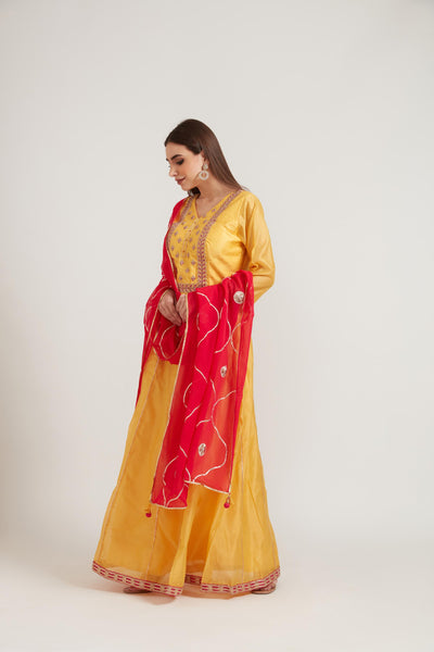 Neeru's Yellow Color Chanderi Fabric Anarkali Suit