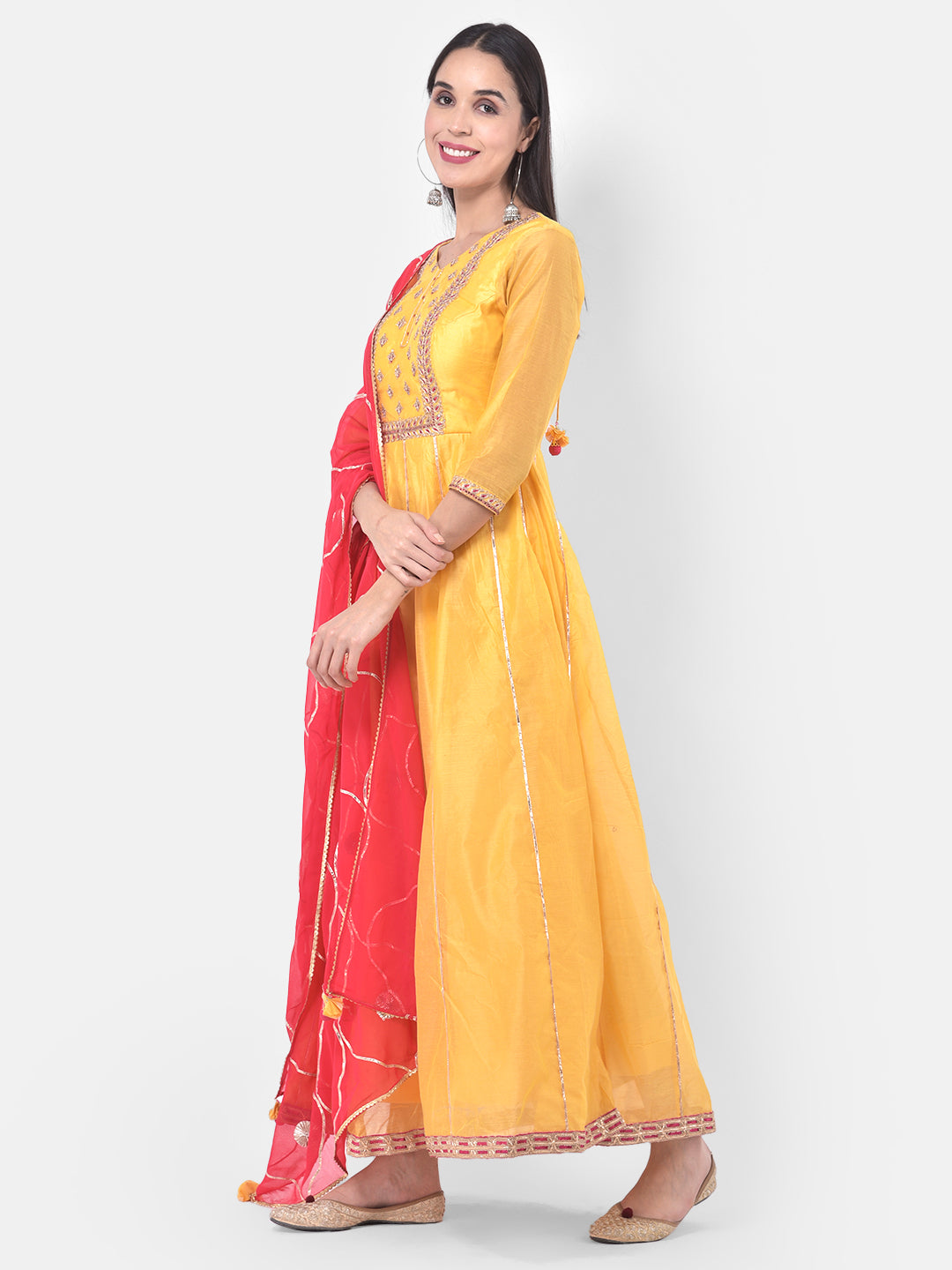 Neeru's Yellow Color Chanderi Fabric Anarkali Suit