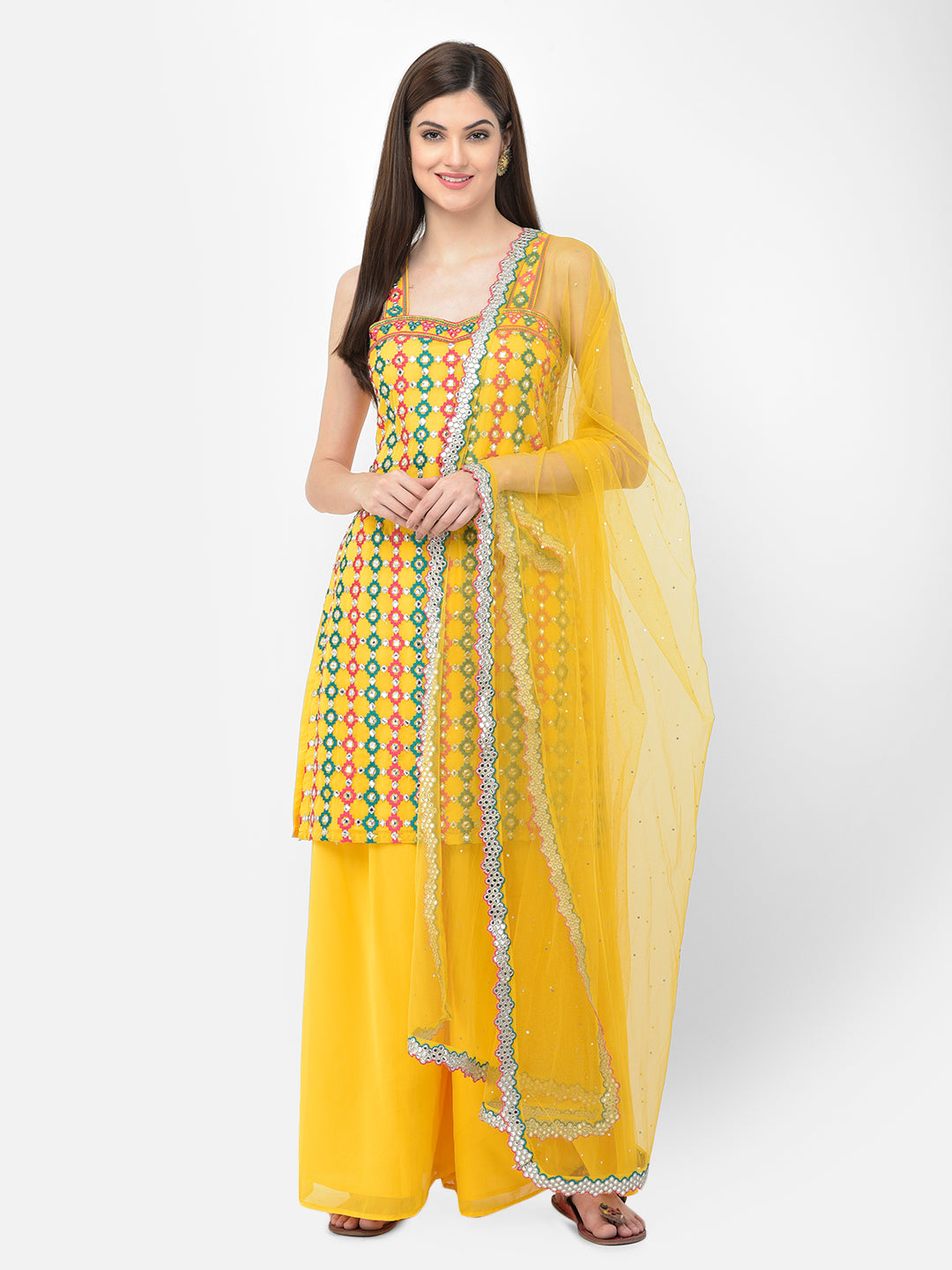 Neeru's'S Yellow Color Georgette Fabric Suit-Plazzo