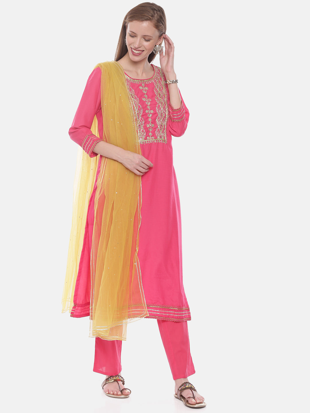 Neeru's Fushia Color Muslin Fabric Suit-Pant