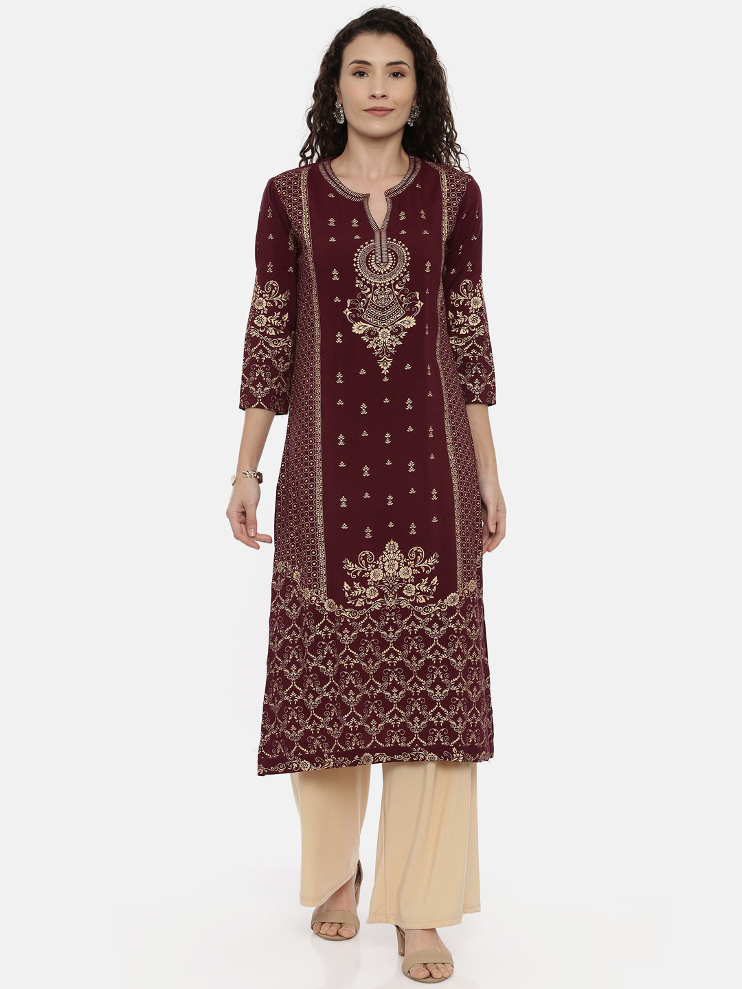 Neeru's Maroon Printed Straight Kurta