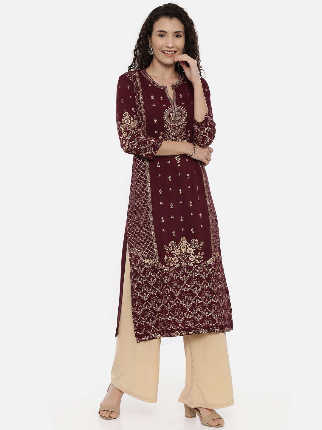 Neeru's Maroon Printed Straight Kurta