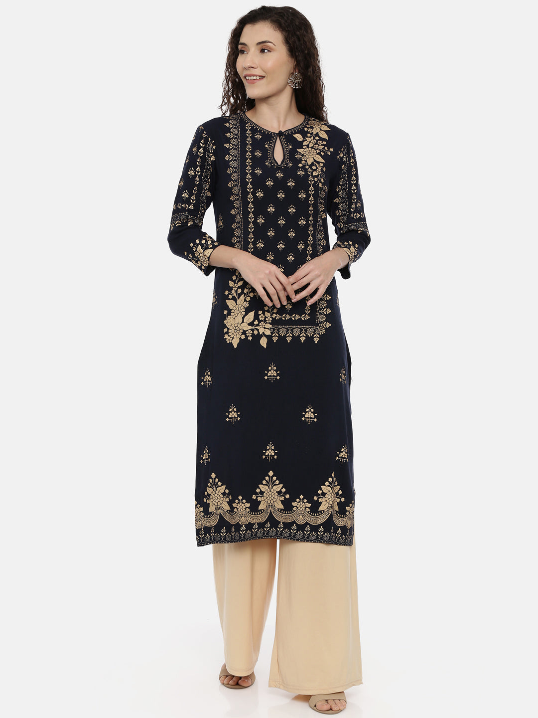 Neeru's Navy Printed Straight Kurta