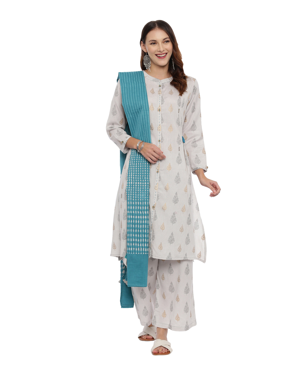 Neeru's Grey Printed Kurta With Palazzo & Dupatta