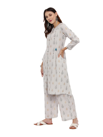 Neeru's Grey Printed Kurta With Palazzo & Dupatta